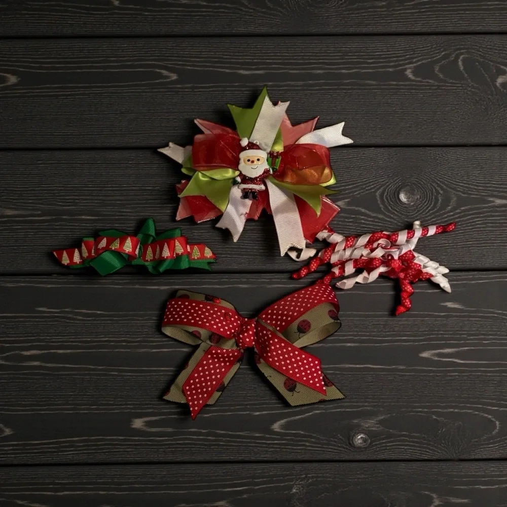 Girls Christmas Hair Bows‎ Handmade Holiday Snowman Santa Claus Red
